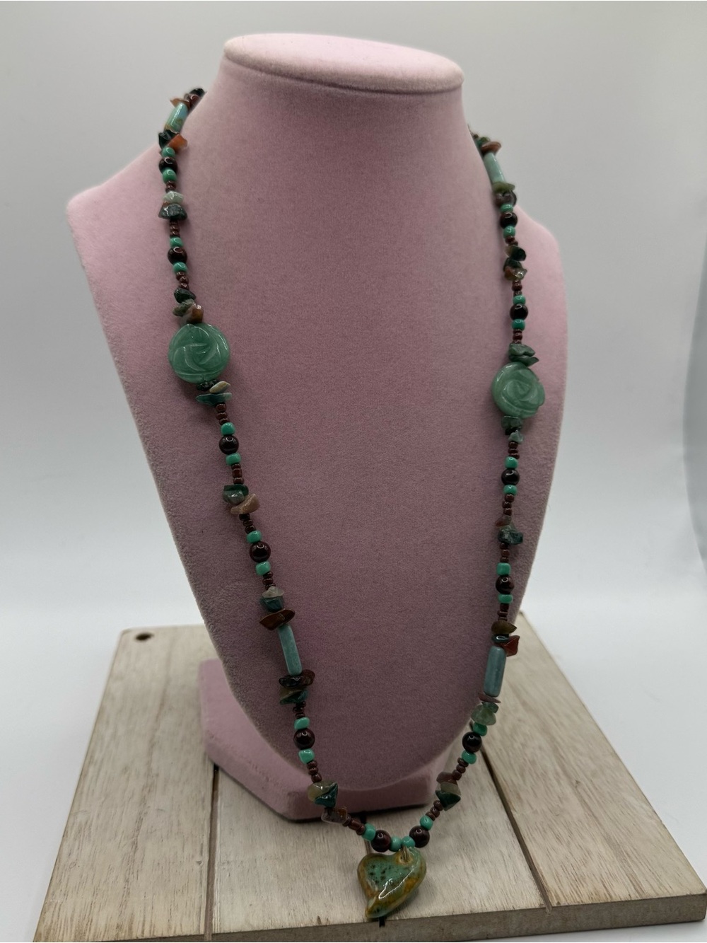 Handcrafted Green Jade Beaded Long Necklace with Carved Rose Accents